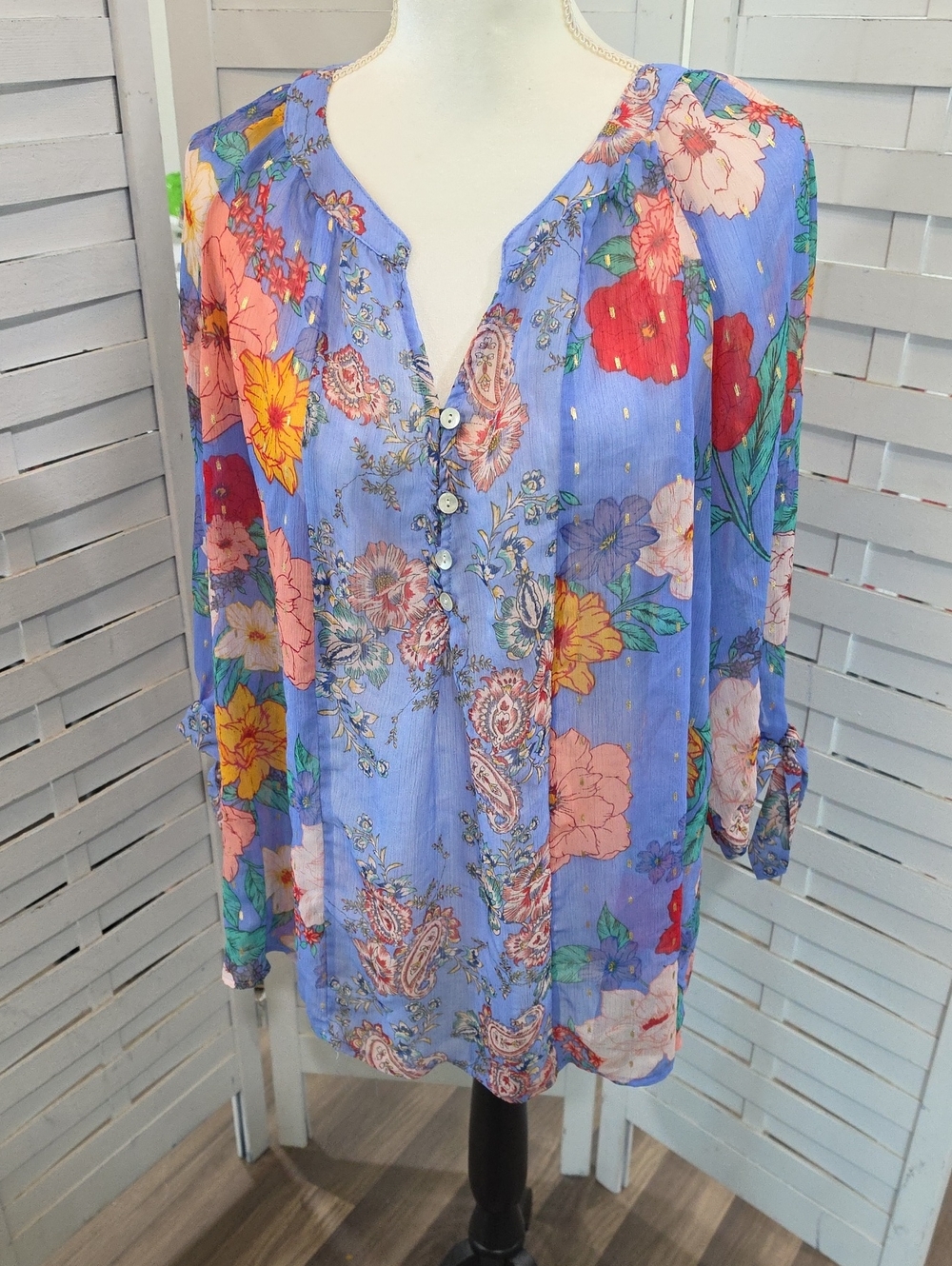 Figueroa & Flower Floral Split-Neck Women's Blouse Blue Size 2X